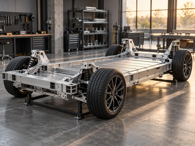 Vehicle chassis with aluminum structural parts — AI-generated illustration